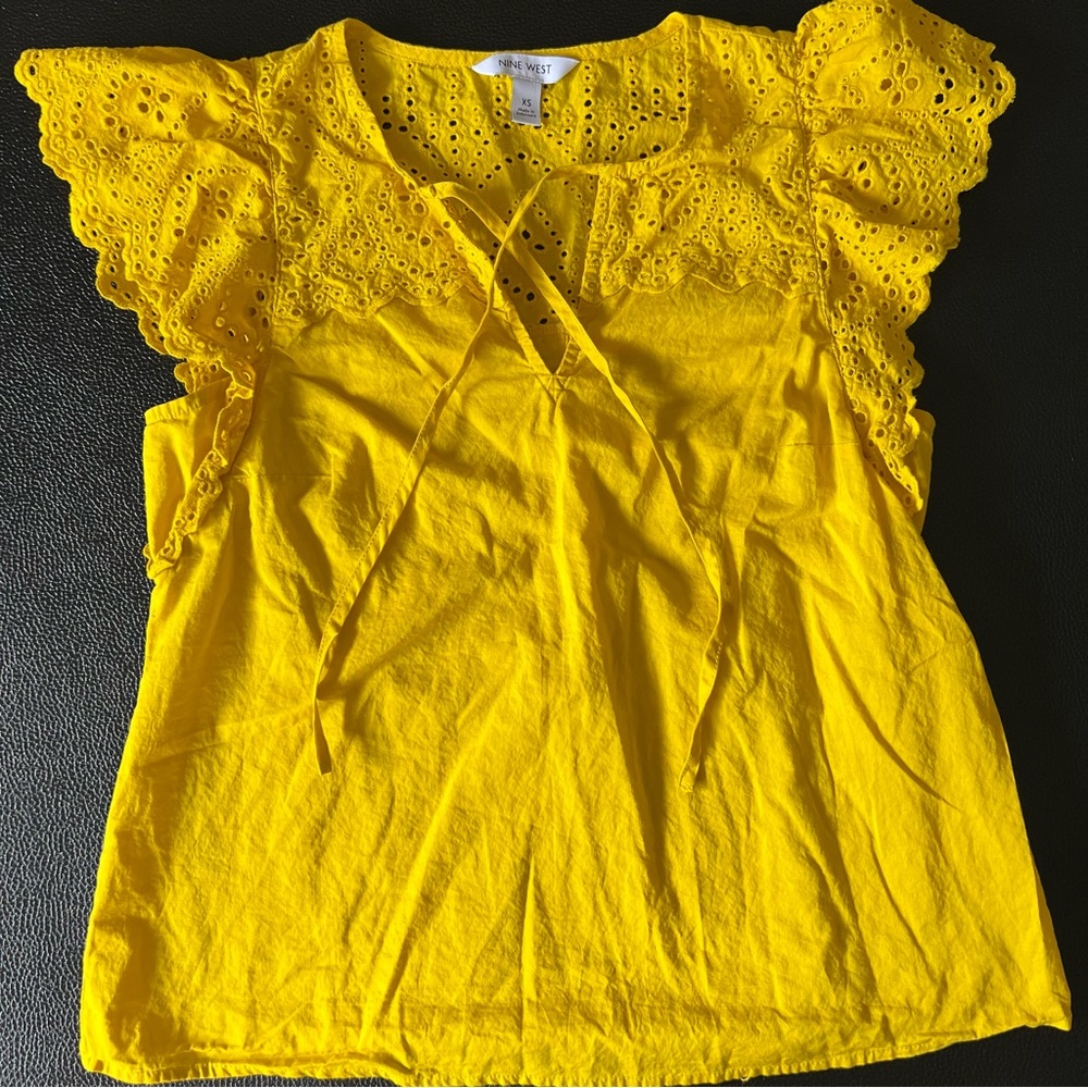 Nine West Cotton Bright Yellow Eyelet Blouse